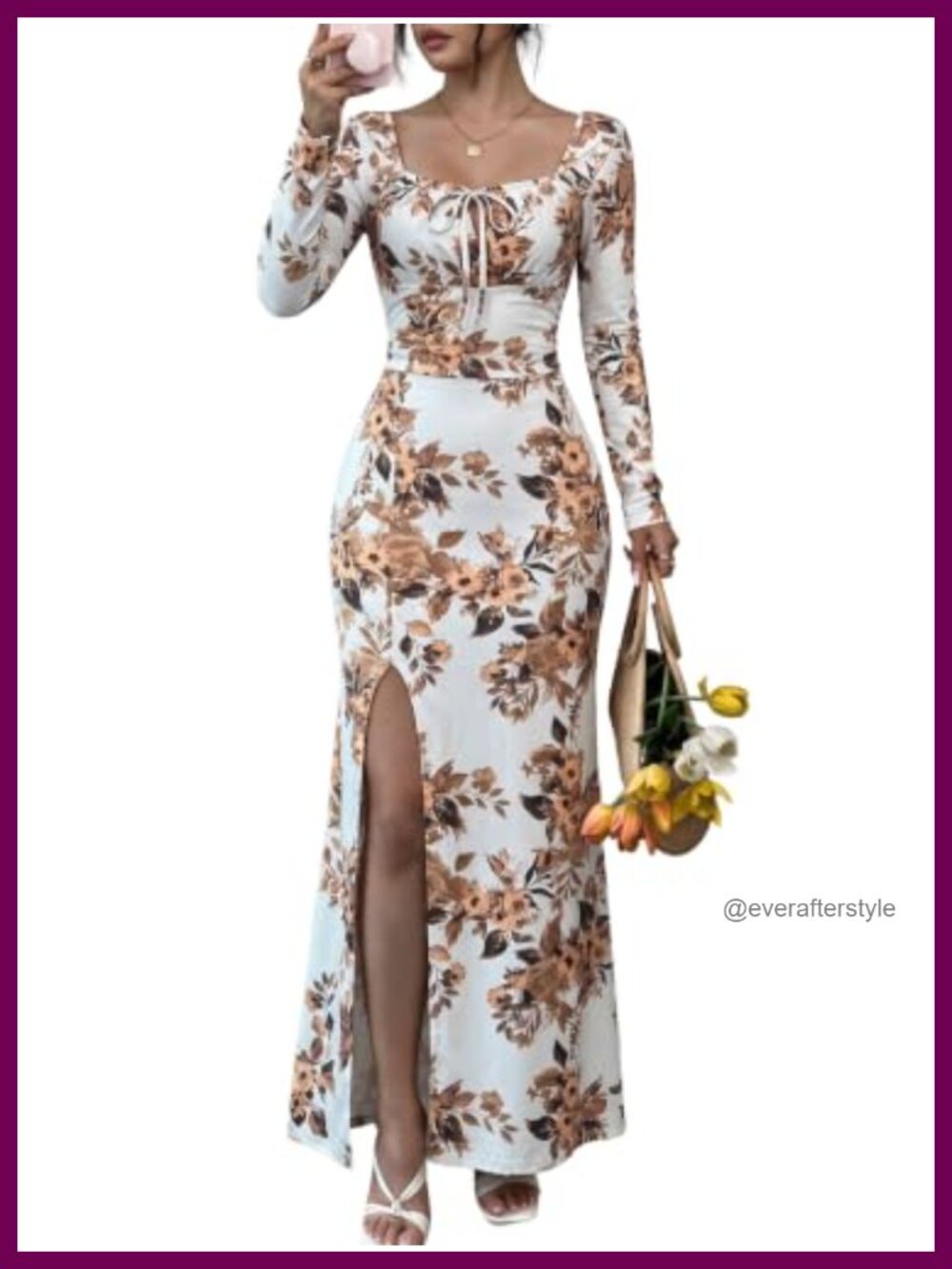 Floral Ruched Long Sleeve Maxi Dress Square Neck Side Slit Women